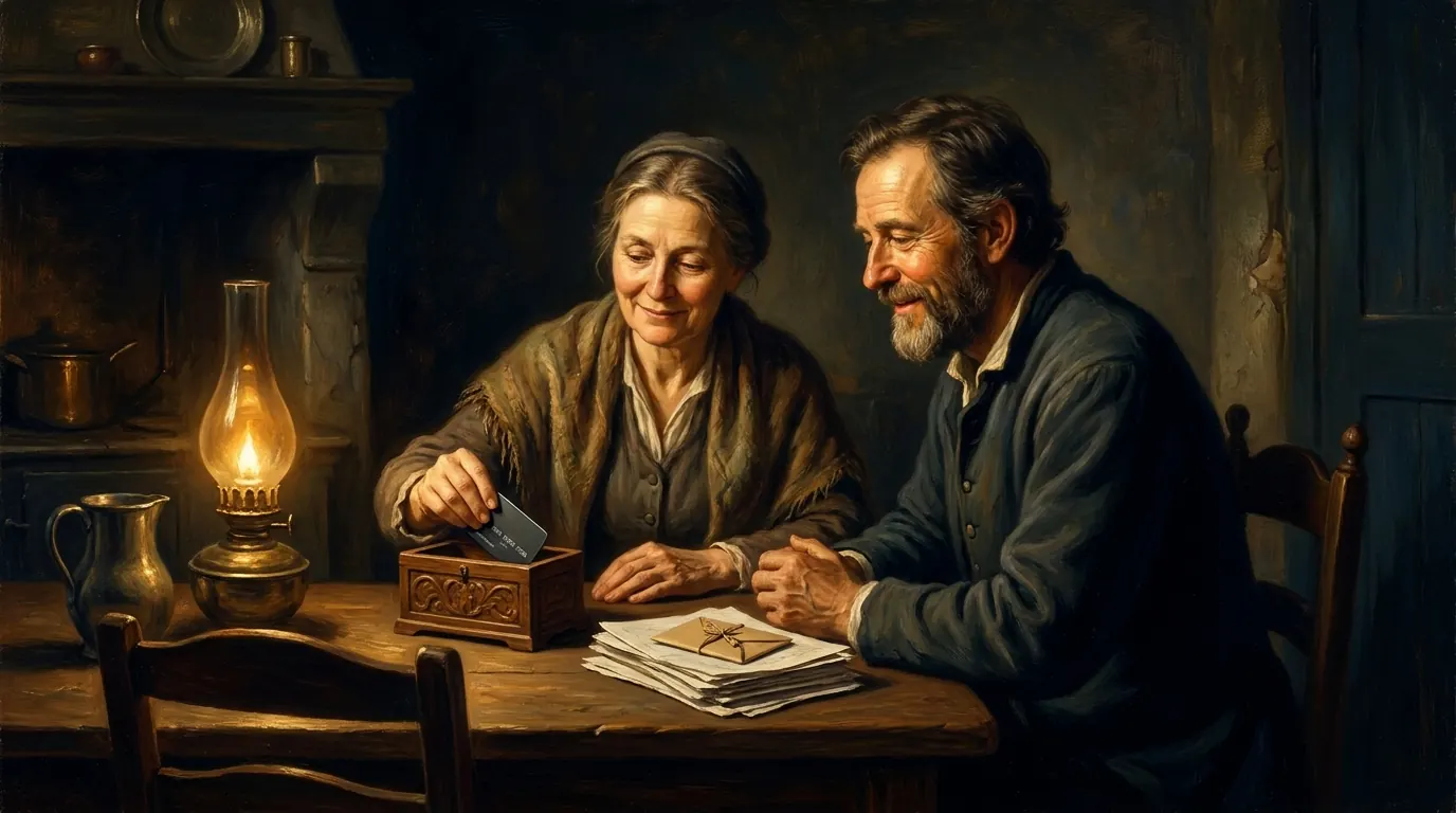 A couple at the kitchen table cutting a credit card in half, with paid bills and an offering envelope beside them