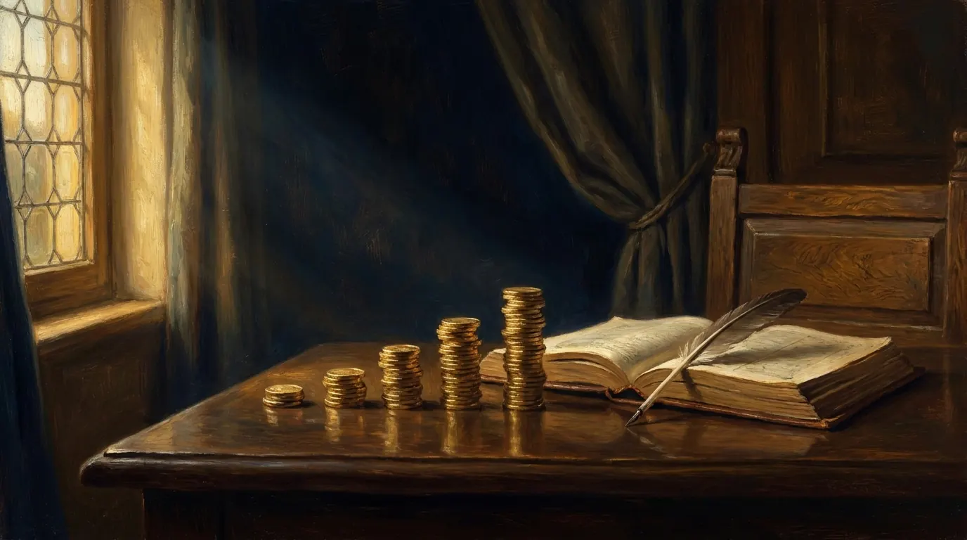 Four stacks of gold coins in increasing height with one coin set aside from each stack