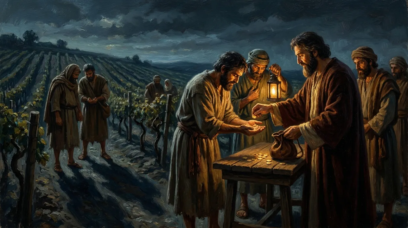 Ancient workers receiving their daily wages at sunset at the edge of a vineyard