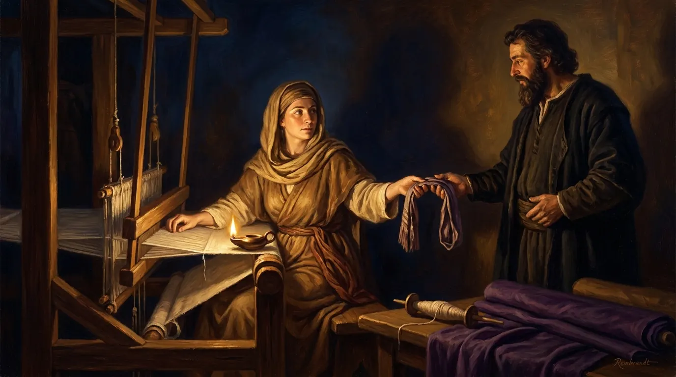 The Proverbs 31 woman selling linen sashes to a merchant at a market stall