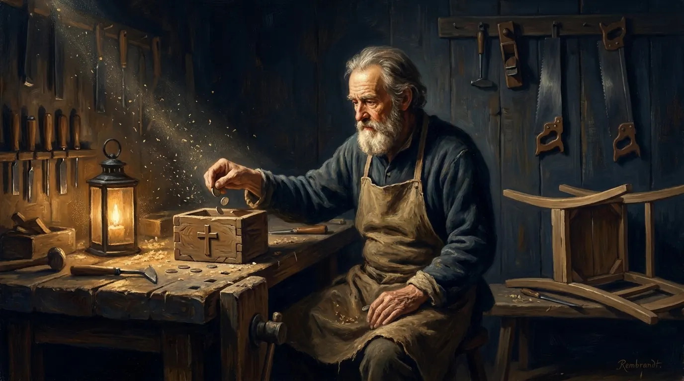 A carpenter in his workshop setting coins aside into a wooden box