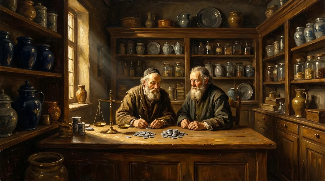 Two old shopkeepers at a long wooden counter with a brass balance scale and stacks of silver coins