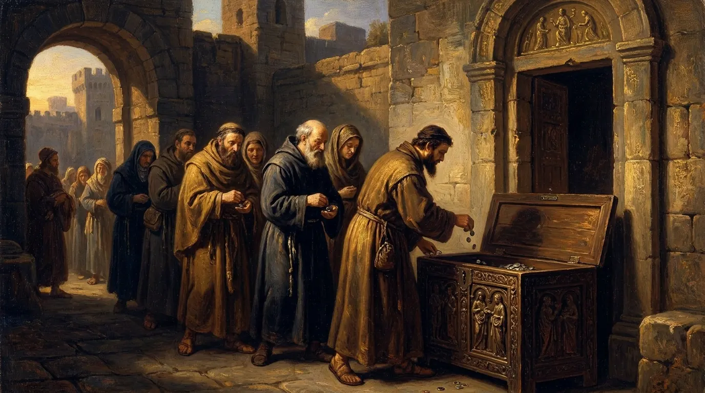 Worshippers in simple robes place coins into a carved wooden chest at a temple courtyard gate at golden hour