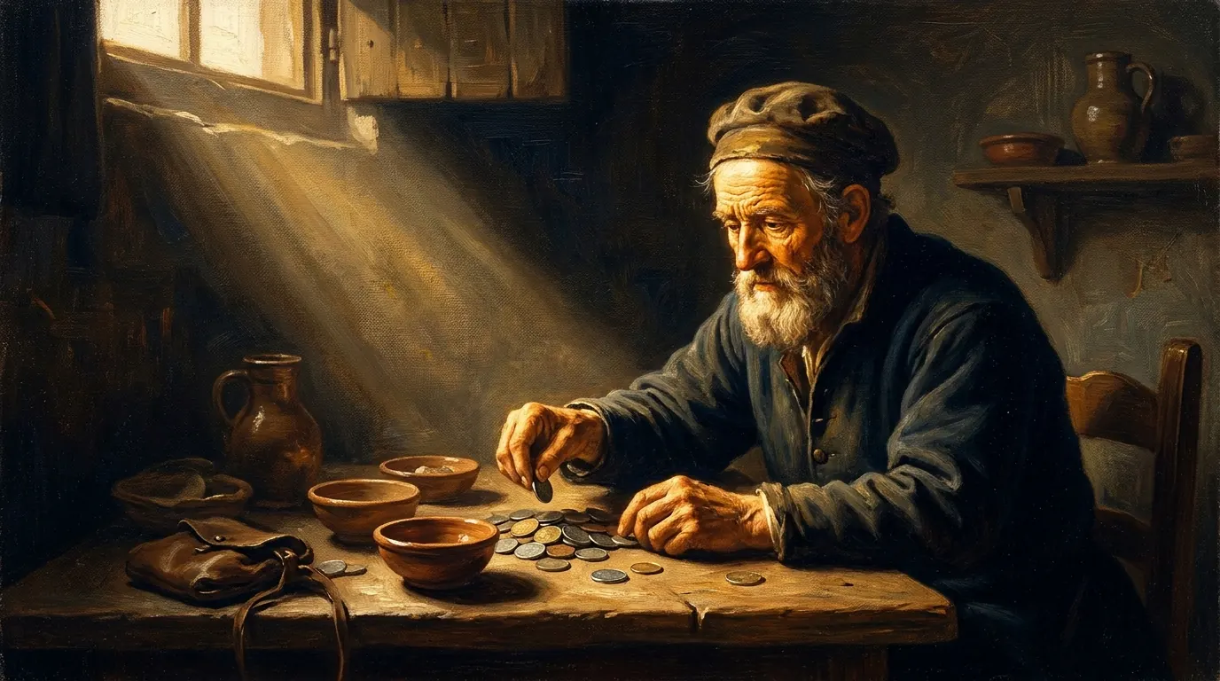 An older man seated at a plain wooden table sorts coins into labeled clay bowls while sunlight crosses the room
