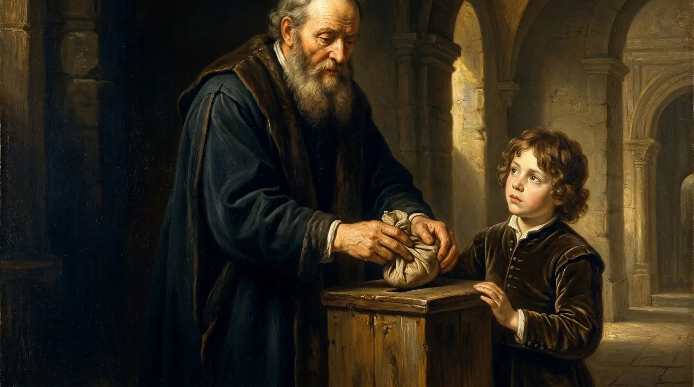 A grandfather and grandson stand at a temple courtyard offering box, the old man placing a small bundle inside