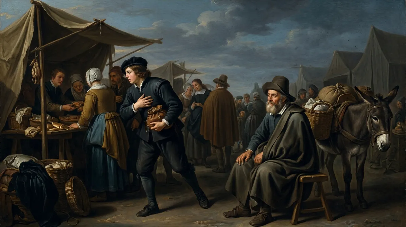 A young man hurries toward a crowded market stall with a pouch of coins while an older man sits calmly beside a loaded donkey