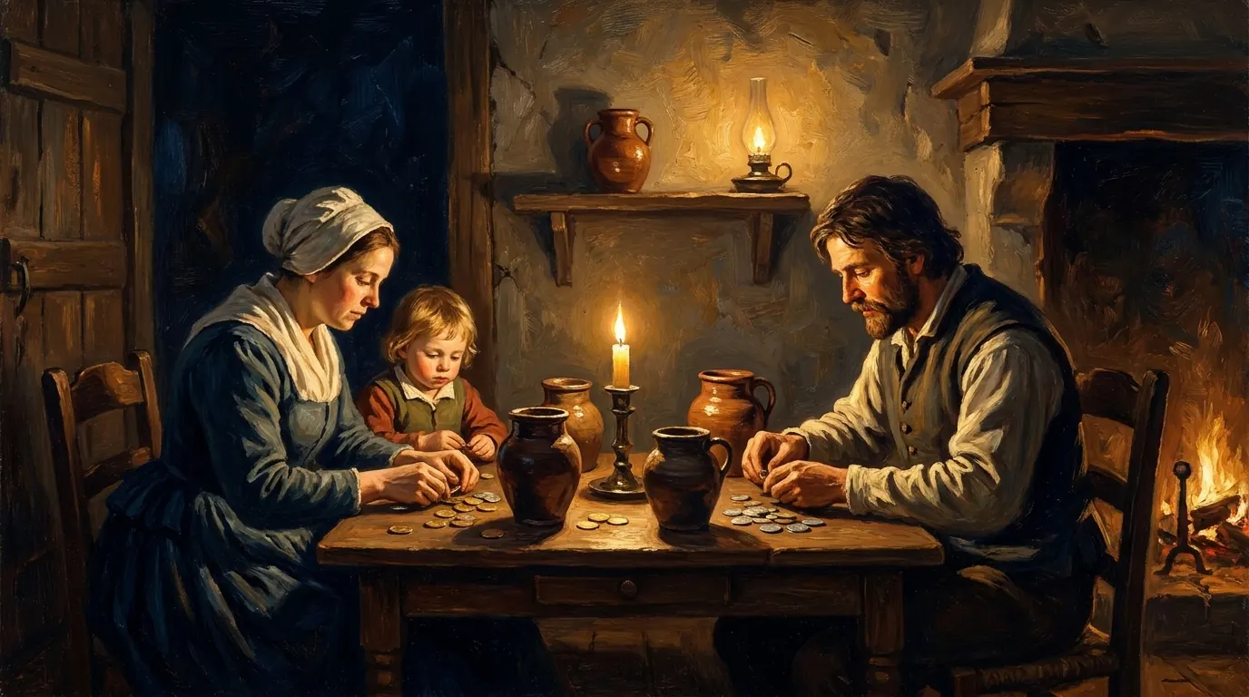 A family at a lamplit table counts out coins into separate clay jars, one jar set slightly apart on a shelf