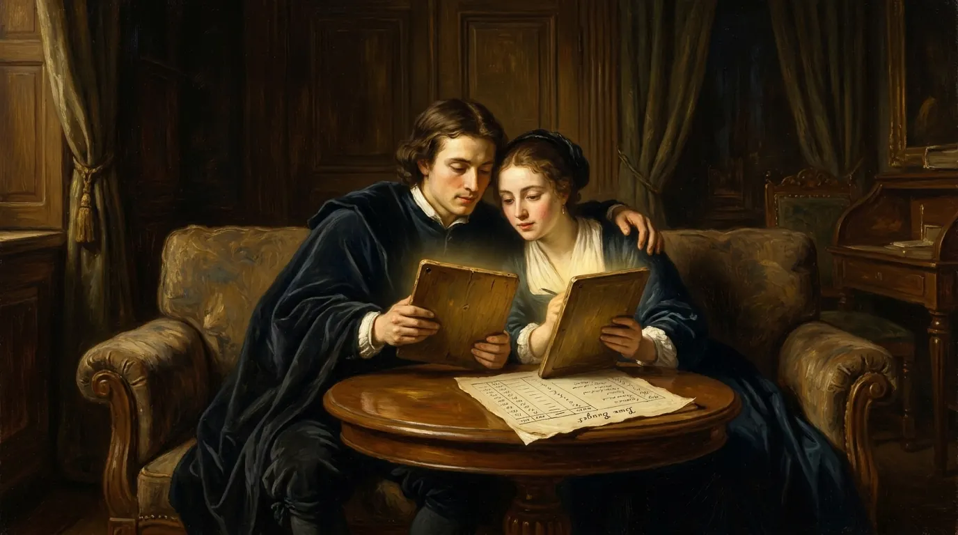 A young couple on a sofa comparing two glowing tablets, with a paper budget lying on the cushion between them
