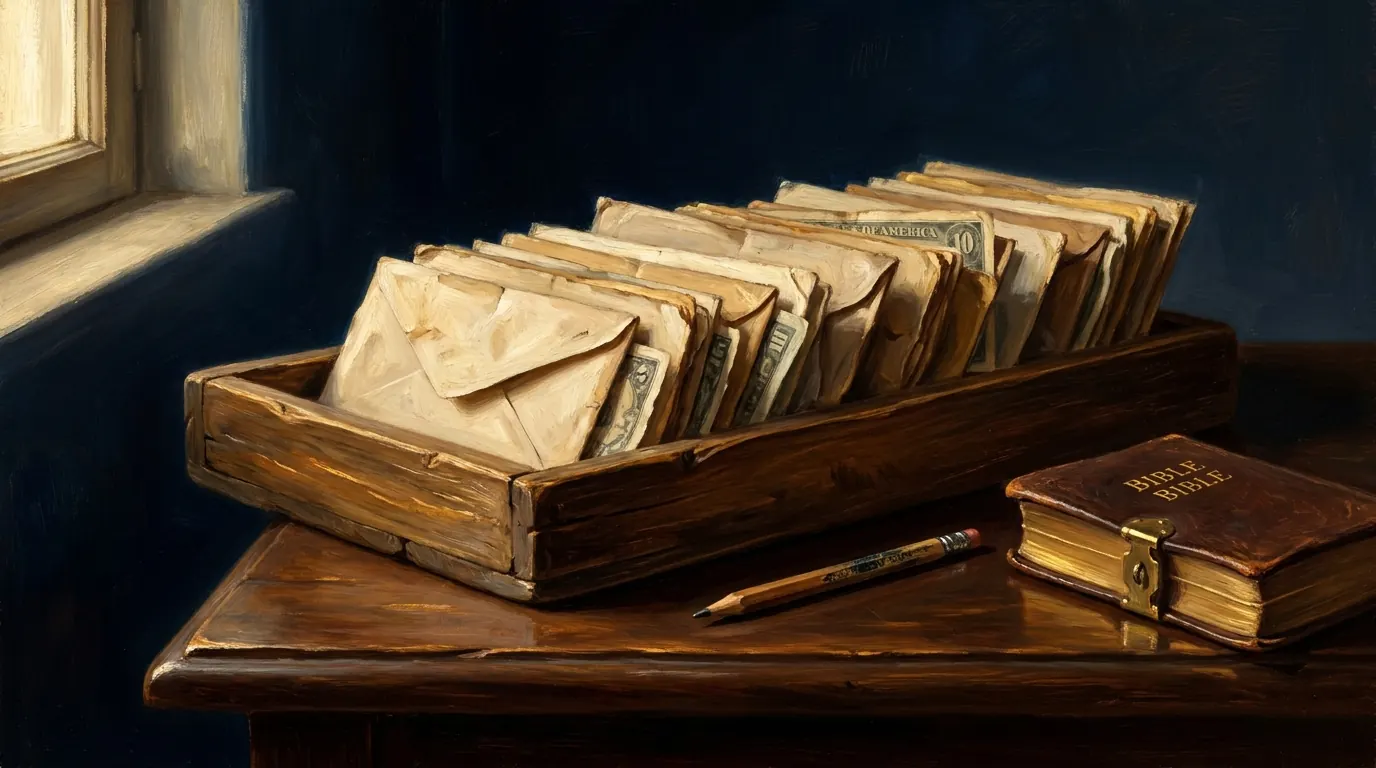 A row of paper cash envelopes standing in a wooden tray beside a pencil and a small Bible